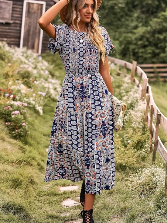 Dresses & Skirts - Bohemian Navy Floral Patchwork Midi Dress - Unbranded